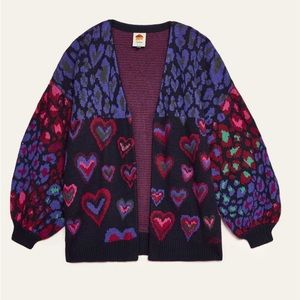 NWT Farm Rio Ikat Dyed Hearts Balloon Sleeve Cardigan Wool XS fits All